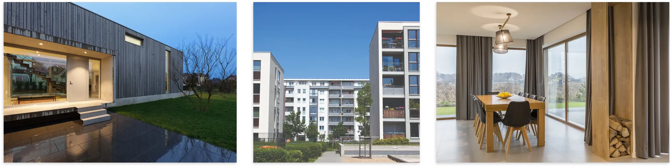 Koláž realizací: moderní dřevostavba, bytový dům a jídelna s velkými okny